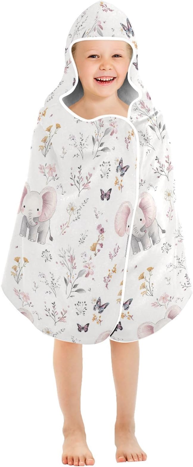 Kids Hooded Beach Towel Cartoon Cute Eelephant and Flowers Hooded Beach Bath Towel Quick Dry Toddler Bath Towels