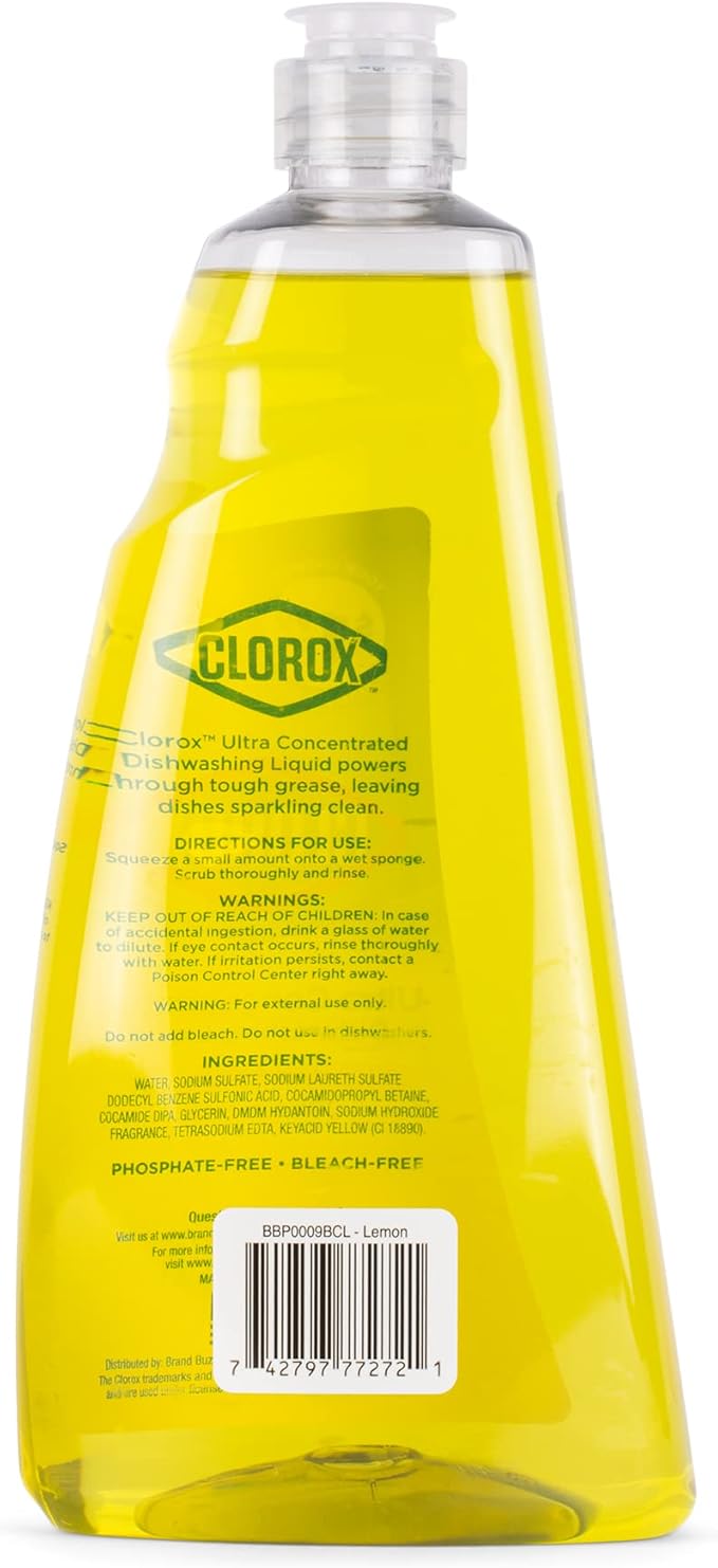 Clorox Ultra Concentrated Liquid Dish Soap with OXI, Lemon Scent - Bleach-Free Dermatologist Tested Dishwashing Detergent That Powers Through Grease and Lifts Stains, 26 Fl Oz