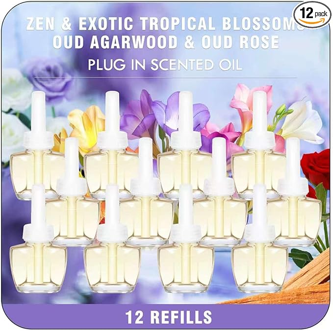 Plug In Refills Air Freshener -12 Pack Zen, Exotic Tropical Blossoms, Ebony Agarwood, Ebony Rose, 4 Scents for Home Bathroom Patio Compatible with Air Wick & Glade(Excludes Glade Plus)