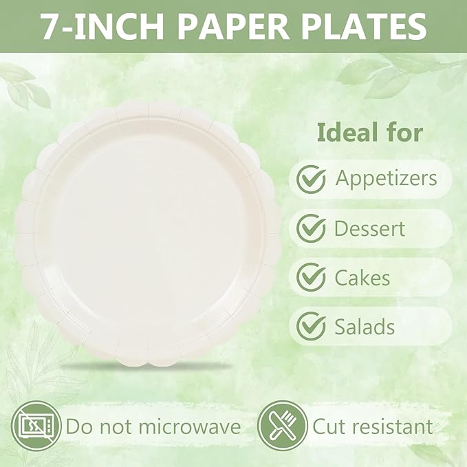 Mulbozy 75 Cream Plates and Napkins Disposable Set Includes 25 Dessert Cake Scalloped Plates, Cocktail Napkins & Forks, for Fork 25 Guests Holiday Party Supplies.
