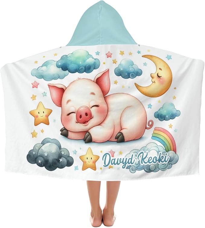 Pig on Clouds Personalized Kids Hooded Towel with Name Soft Absorbent Beach Pool Bath Towels Hood Poncho for Boys Girls