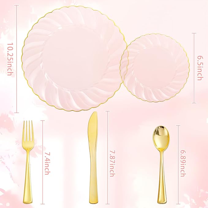 YOUBET 125Pieces Clear Pink Plastic Plates with Gold Rim - Gold Plastic Silverware Include 25 Dinner Plates 25 Dessert Plates 75 Golden Silverwares for Wedding Birthday & Parties Easter Mothers Day
