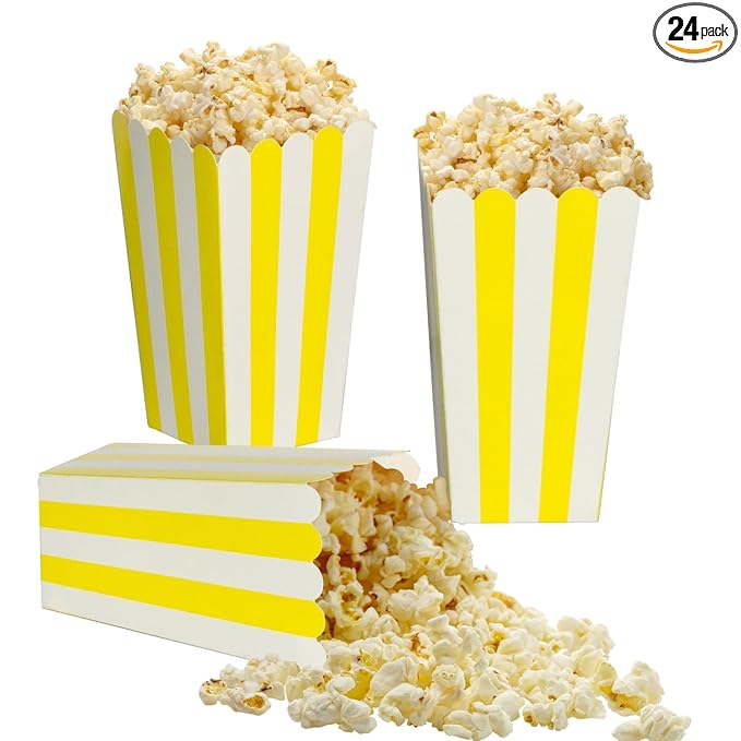 XIEHE 24 Pack Striped Popcorn Boxes - Carnival Parties Mini Paper Popcorn and Candy Containers, Party Supplies for Movie Nights (Yellow)