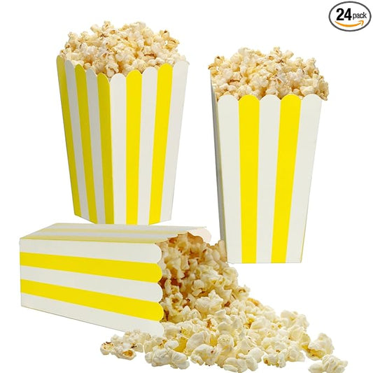 XIEHE 24 Pack Striped Popcorn Boxes - Carnival Parties Mini Paper Popcorn and Candy Containers, Party Supplies for Movie Nights (Yellow)