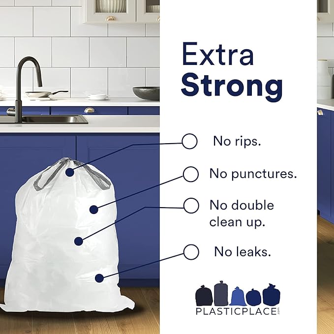 Plasticplace Custom Fit Trash Bags, Compatible with simplehuman Code H Packs, White Drawstring Garbage Liners 8-9 Gallon, 18.5'' x 28'' (20 Count/5 Pack)