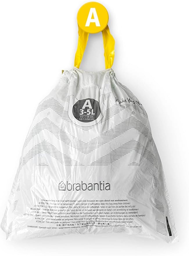 Brabantia PerfectFit Trash Bags (Size A/0.8 Gal) Thick Plastic Trash Can Liners with Drawstring Handles (200 Bags)