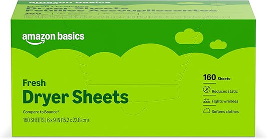 Amazon Basics Dryer Sheets Laundry Fabric Softener, Fresh Scent, Reduces Static, Softens Clothes, Fights Wrinkles, 160 Count