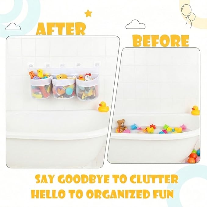 2PC Bath Toy Storage Organizer, Extra Large Mesh Net for Bathtub Toys Quick Dry Shower Toy Holder with Strong Suction Cups Multi-Use Basket for Bathroom Wall Tub and Poolside