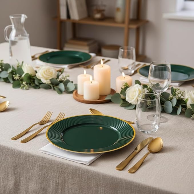 Liacere 100PCS Green Plastic Plates - Heavy Duty Disposable Plates - Green and Gold Plate 100PCS Dinner/Dessert Plate for Party & Christmas & New Year’s St. & Patrick's Day