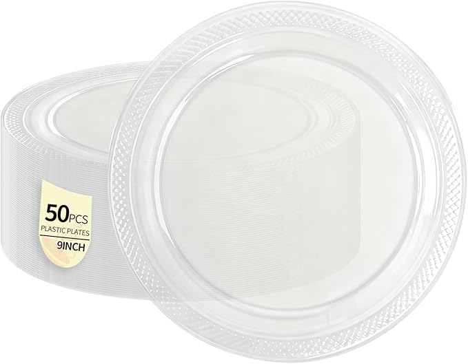 50 Pack Clear Plastic Plates, 9 Inch Disposable Party Plates Dinner Plates for BBQ Picnic Wedding Birthday Travel Events Party Supplies (Clear, 9 Inch)