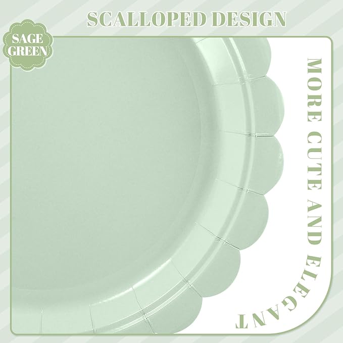 NatNarr 30 Pcs Dessert Plates Disposable, 7 Inch Scalloped Sage Green Birthday Cake Plates Small Appetizer Paper Plate for Baby Bridal Shower, Wedding