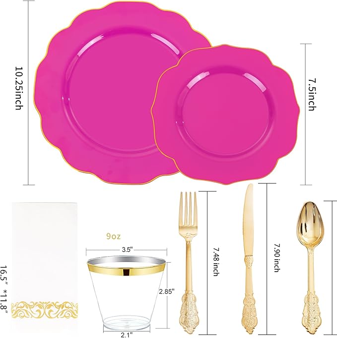 NOCCUR 175PCS Hot Pink Plastic Plates with Gold Disposable Silverware - Include 50 Hot Pink Plates,25 Knives,25 Forks,25 Spoons,25 Cups and 25 Napkins - Ideal for Party/Wedding/Banquet