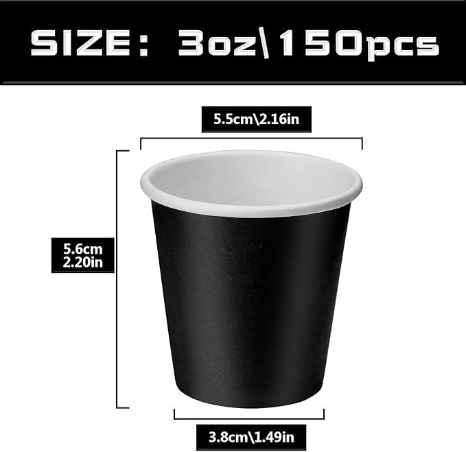 150 Pack 3oz Black Paper Cups, Mouthwash Cups, Disposable Bathroom Cups, Paper Cups 3oz Ideal for Bathroom, Supermarket, Birthday Party, Picnic and BBQ