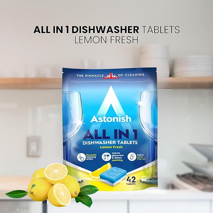 Astonish All In 1 Dishwasher Tablets - Household Cleaner Removes Grease, Grime, & Surface Stains - Dishwasher Soap with Salt & Rinse Aid, Cruelty Free Dishwasher Detergent, Lemon Fresh, 100 Pack
