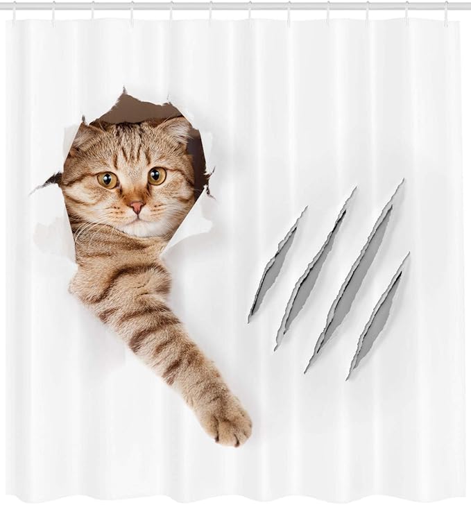 Ambesonne Animal Shower Curtain, Funny Cat in Hole with Claw Scratches Playful Kitten Pet Picture, Cloth Fabric Bathroom Decor Set with Hooks, 69" W x 70" L, White Brown