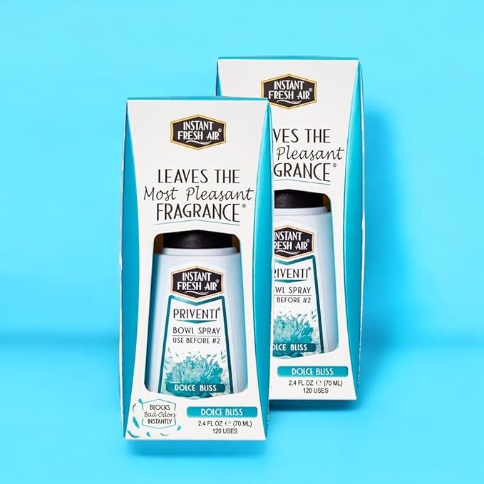 2-Pack - Instant Fresh Air Priventi Toilet Spray & Bathroom Spray Odor Eliminator - Up to 300 Uses - Travel Size Odor Elimination for #2 - Dolce Bliss Fragrance - 2.4 oz