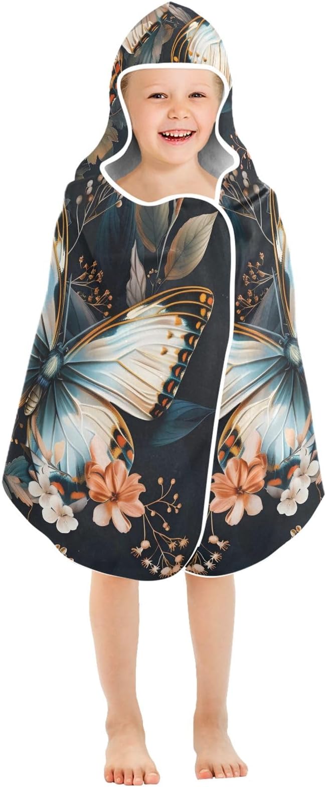 Hooded Towel for Kids Butterfly Surrounded by Floating Spring Leaves Beach Wrap Bath Towels 50x23.5in
