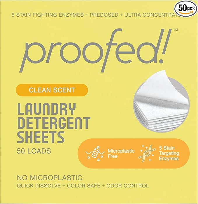 Proofed! Laundry Detergent Sheets, The Only 100% Plastic-Free Sheet, No PVA or PVOH, Hypoallergenic, Bio-Based Ingredients, Made in USA, Clean Scent, 1 Box, 50 Count