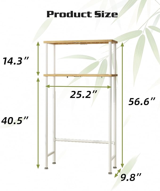 LiSHELF Bamboo Over The Toilet Storage Shelf 2-Tier Bathroom Organizer Rack Freestanding Above Toilet Shelves Space Saver for Small Bathroom, Laundry, White