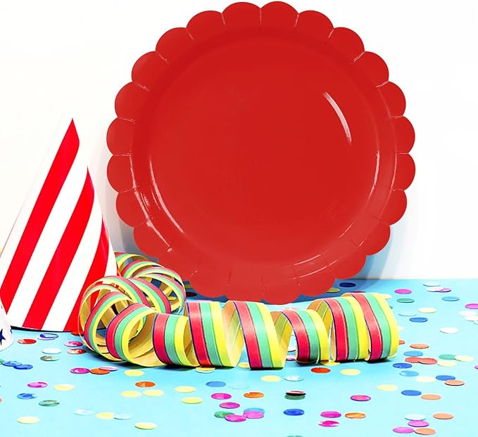 HEIPINIUYE 25 Pieces Red Paper Plates 7 Inch Red Scalloped Plates Disposable Dinner Plate for Wedding Baby Shower Birthday Party Dessert Plate