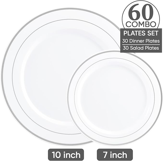 FOCUSLINE Silver Plastic Plates Set of 60, Disposable Plates with Silver Rim 30 Dinner Plates 10" and 30 Salad Dessert Appetizer Plate 7", Elegant Fancy Heavy Duty Wedding Party Plates
