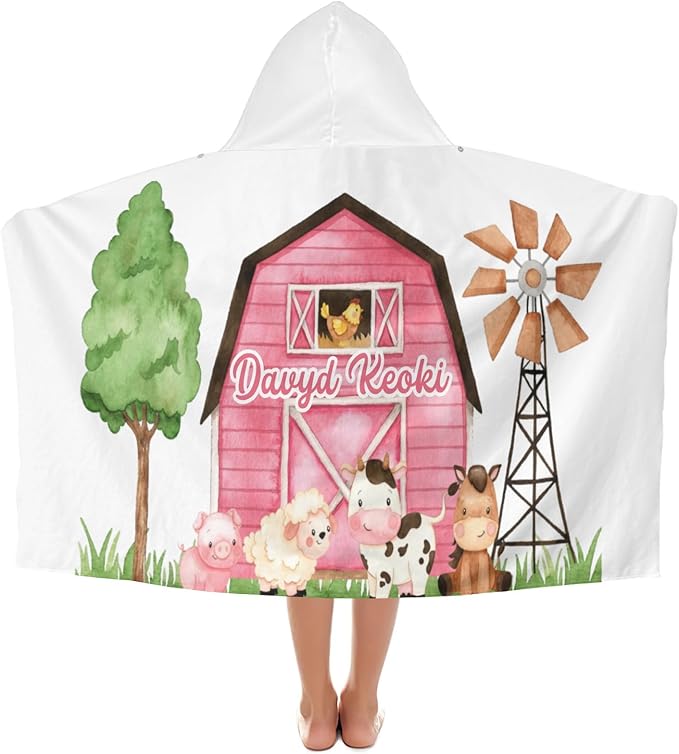Farm Animals Personalized Kids Hooded Towel with Name Soft Absorbent Beach Pool Bath Towels Hood Poncho for Boys Girls