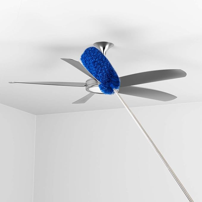 ZZ LAZYCOTTAGE Cobweb Duster with Extension Pole, Washable Cleaning Duster Kit with 2 Duster Heads, Cobweb Duster, Corner Brush, Aluminum Telescoping Pole for Ceiling Fan (Blue)