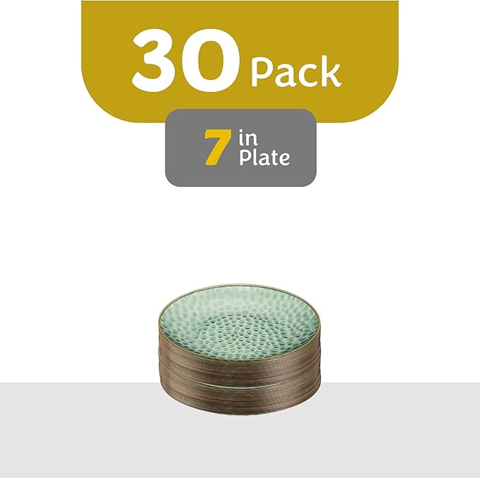 PLASTICPRO 30 Pack Hammered Plastic Plates Heavyweight Disposable Plastic Plates Elegant Clear Hammered Rim Platsic Party Dishes (Hamered Green With Gold Rim, 7'' INCH PLATES)