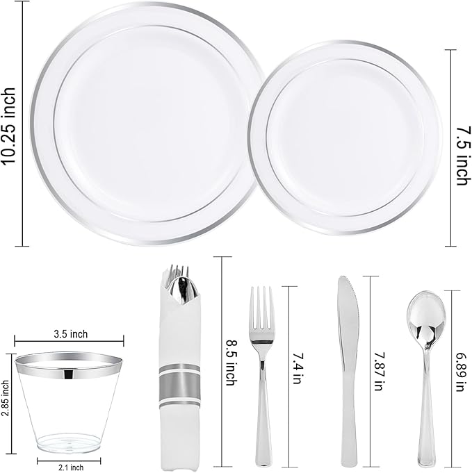WELLIFE 210 Piece Silver Plastic Dinnerware Set for 30 Guests, Include: 30 Dinner Plates, 30 Dessert Plates, 30 Pre Rolled Napkins with Silverware and 30 Silver Cups