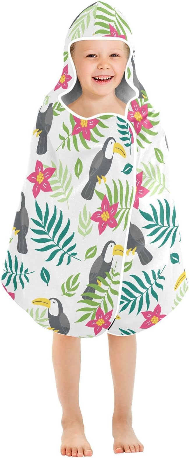 susiyo Kids Hooded Bath Towel Toucan Flowers Beach Towel for Kids 23.5 x 50 Inch Microfiber Soft Absorbent Quick Dry Bath Swim Pool Towel Wrap Poncho Bathrobe with Hood for Kids Toddler