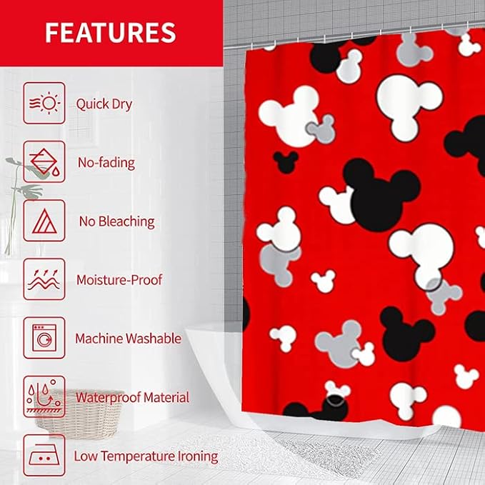 Cartoon Mouse Head Shower Curtain - Kids Bath Curtain Sets - Red Waterproof Polyester Home Bathtub Decor with 12 Hooks ，72x72 Inch
