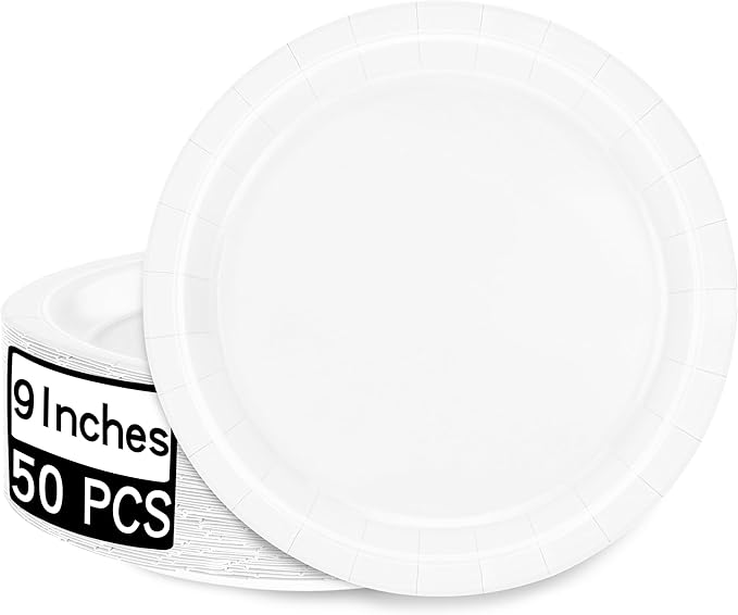 QZYL 50 Round White Party Plates Pack, 9 Inch Disposable Paper Plates for Daily Meals, Picnics, Camping, Birthdays, Weddings, Christmas