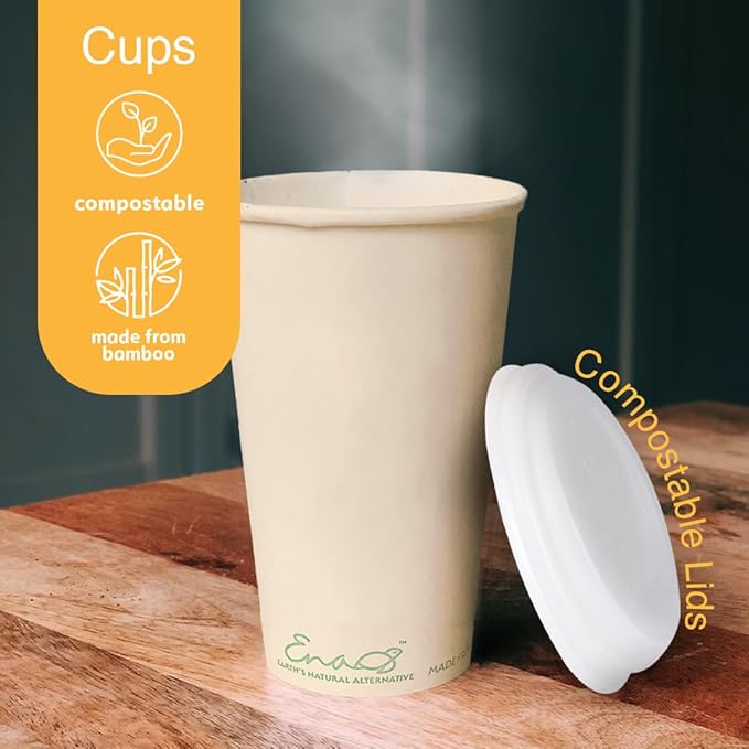 Earth's Natural Alternative 100% Compostable Disposable Coffee Cups with Lids [16oz 80 Set] Paper Cups Made from Unbleached Bamboo Fiber, Compostable, To Go Coffee Cups with Lids