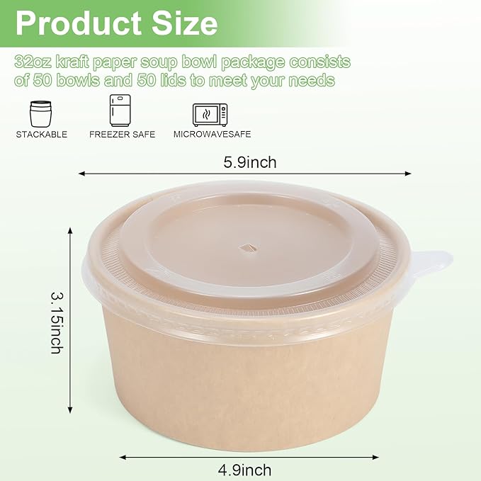 50 Pcs 32 Oz disposable meal prep containers，paper bowls with lids，disposable soup bowls，soup bowls disposable hot/cold，disposable salad bowls with lids，
