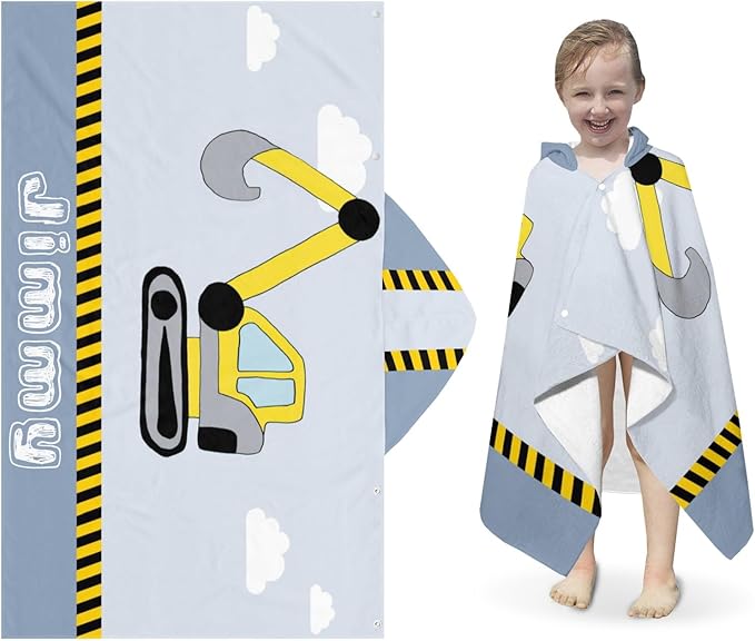 Kids Hooded Towels Construction Car Excavator Digger Soft Towel Rode Poncho 30X50 inches Beach, Bath, Pool Towels for Girls Boys