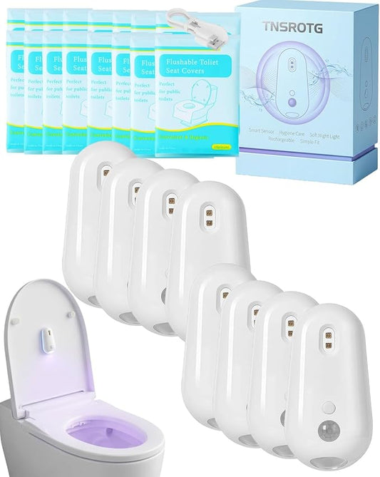Self Cleaning UV Toilet Sanitizer and Night Light Elderly Motion Activated Rechargeable Toilets Lights Adhesive Sensor Smart Shared Bathroom Automatic Toilet Nightlight Mounted Bowl Seat(8pcs)