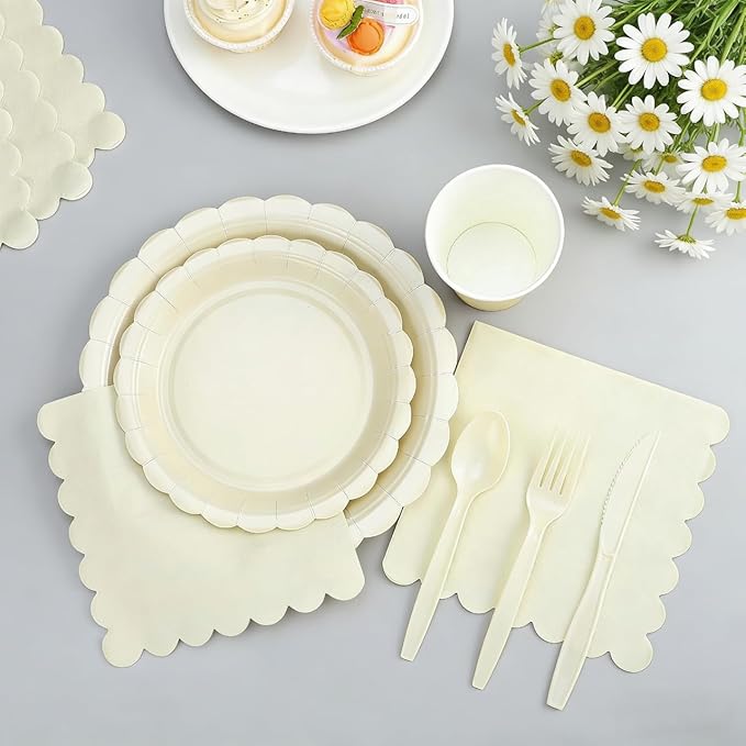 168 Pcs Ivory Paper Plates and Napkins Set, Tableware Set for 24 Guests Include Scalloped Cream Plates Napkins Cups Plastic Cutlery for Baby Shower, Wedding, Bridal Shower