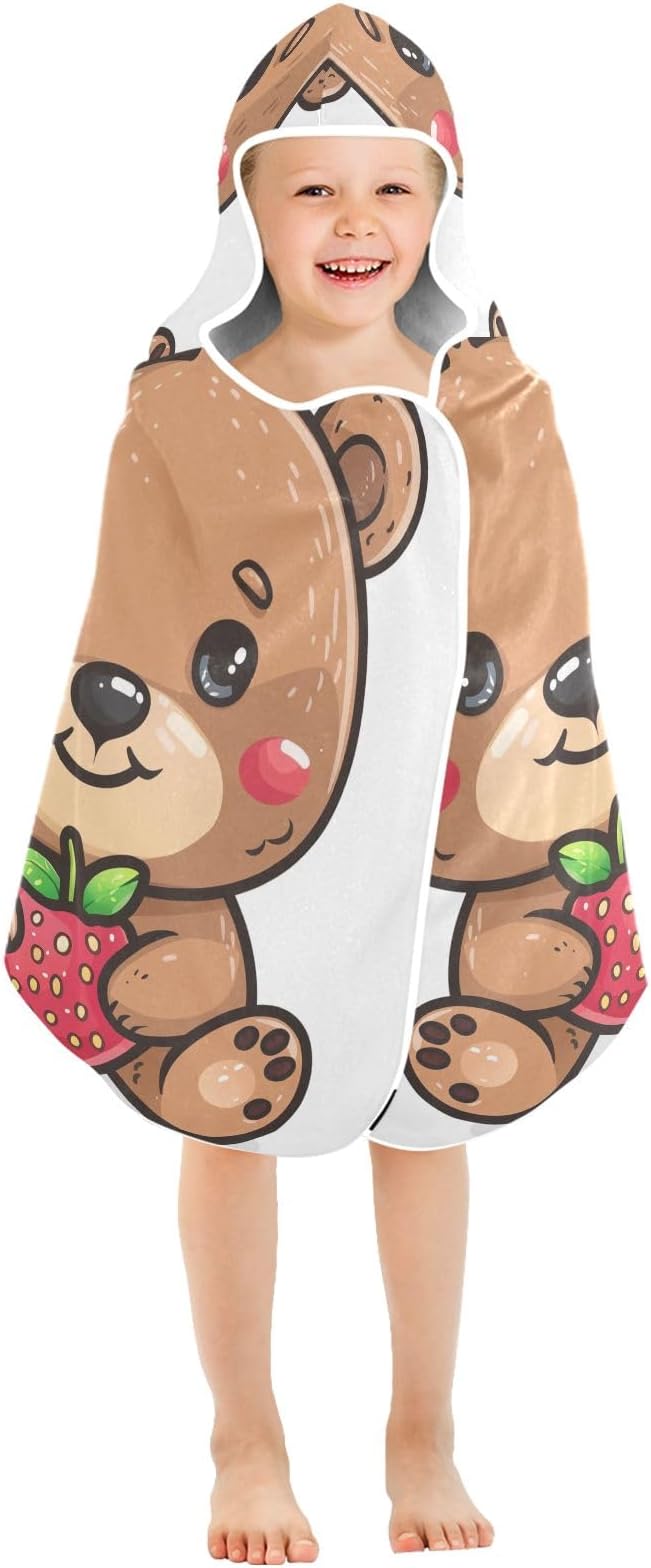 Hooded Towel for Kids Little Bear with Strawberry Beach Wrap Bath Towels 50x23.5in