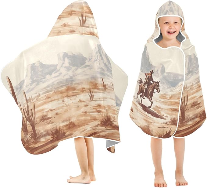 Vintage Western Cowboy Kids Bath Towel 24"x50" Soft Absorbent Hooded Towel for Kids Toddler, Wearable Wrap for Beach & Bath Time Fun