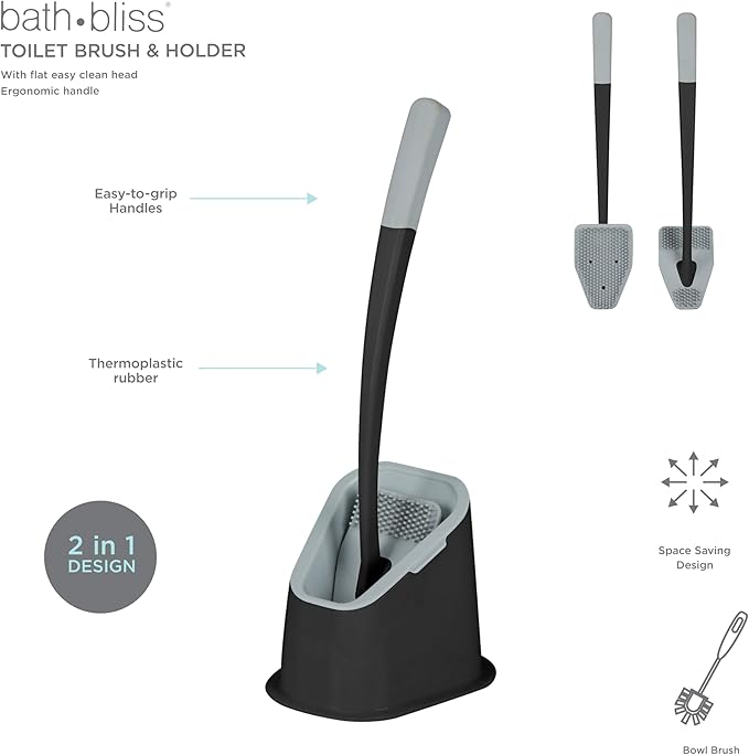 Bath Bliss Toilet Brush | Contoured Design | Flat Brush | Bathroom Cleaning | Discreet Storage Base | Bathroom Cleaning | Black