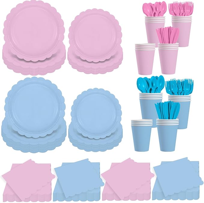 140 Pcs Baby Gender Reveal Plates and Napkins, 20 Guest Boy or Girl Gender Reveal Party Supplies Include Light Pink and Light Blue Plates Napkin Cup Plastic Spoon Fork Knive for Baby Shower