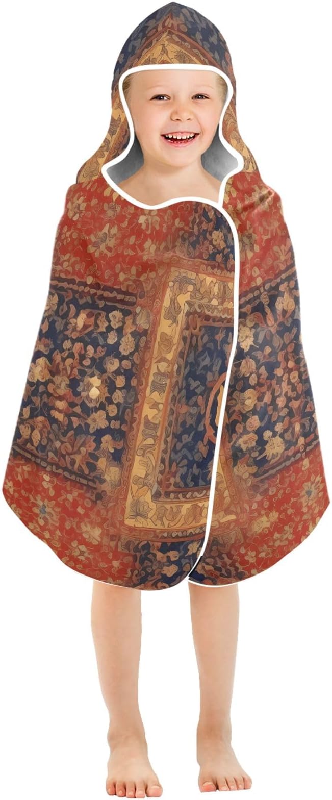 Hooded Towel for Kids Retro Tribe Red Golden Pattern Beach Wrap Bath Towels 50x23.5in