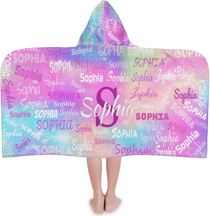 Custom Name Hooded Towels Bath Towels for Kids Toddler Infant Absorbent Bath Shower Gifts for Boy and Girl 24 x 50 Inch, Colorful Pink Blue Watercolor