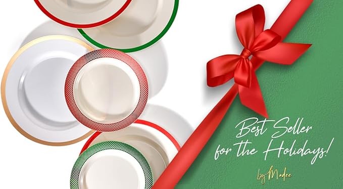 By Madee HEAVYWEIGHT 175 Pc Ivory Plates with GreenTrim | Disposable Dinnerware Set for 25 Guests