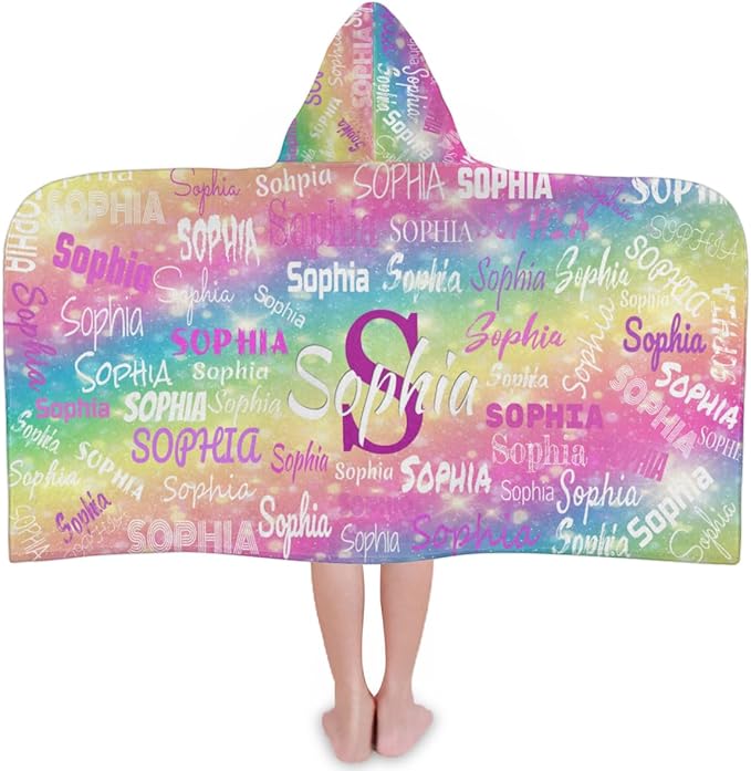 Custom Name Kids Hooded Bath Towel, Soft Towel Wrap - Warm Swim Cover Up - 50" x 24" Soft Terry Poncho Towel as Pool Swim Cover Ups for Girls Boys, Colorful Rainbow Color with Stars