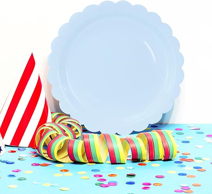 HEIPINIUYE 25 Pieces Light Blue Paper Plates 9 Inch Baby Blue Scalloped Plates Disposable Dinner Plate for Wedding Baby Shower Birthday Party Dessert Plate