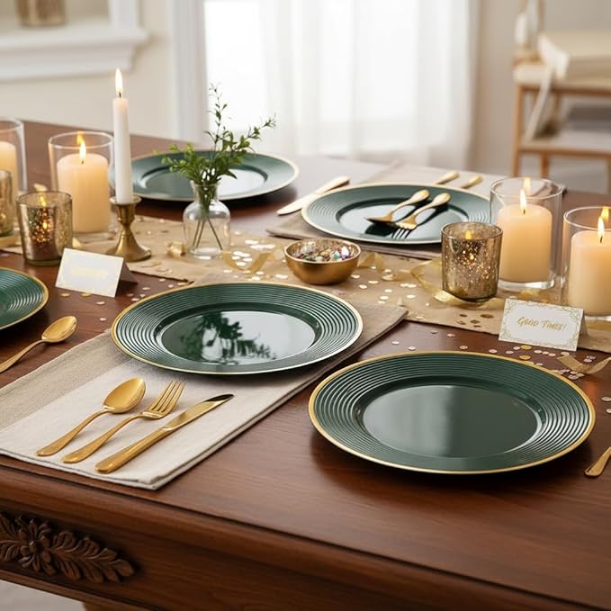 Liacere 100PCS Green Plastic Plates - Heavy Duty Disposable Plates - Green and Gold Plate 100PCS Dinner/Dessert Plate for Party & Christmas & New Year’s St. & Patrick's Day