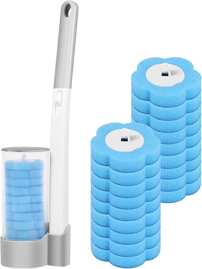 Toilet Brush Cleaning Kit, Toilet Cleaning System - Storage Caddy and 18/24 Toilet Brush Refills, Adhesive Wall Mounted Toilet Bowl Cleaner Brush with Handle (Set 01)