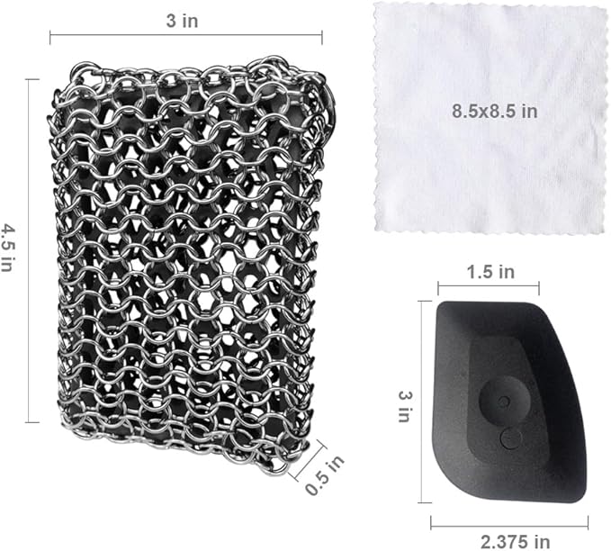 Cast Iron Skillet Cleaner, 316 Chainmail Scrubber Built-in Silicone Cast Iron Cleaner for Cast Irons Grill Pan Skillet Wok Bakeware Easy to Use Dishwasher Safe, Scrubber + Scraper + Towel (Black)