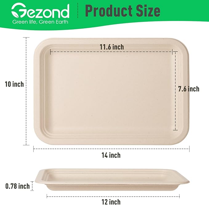 Gezond 50 Pack 14 Inch Disposable Food Trays Eco-friendly Heavy-Duty Large Paper Plates Compostable Sugarcane Platters for Crawfish Lobster Seafood Party Natural